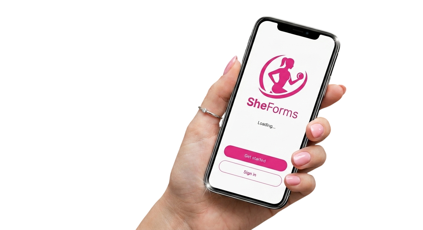Woman holding a phone with the SheForms app open